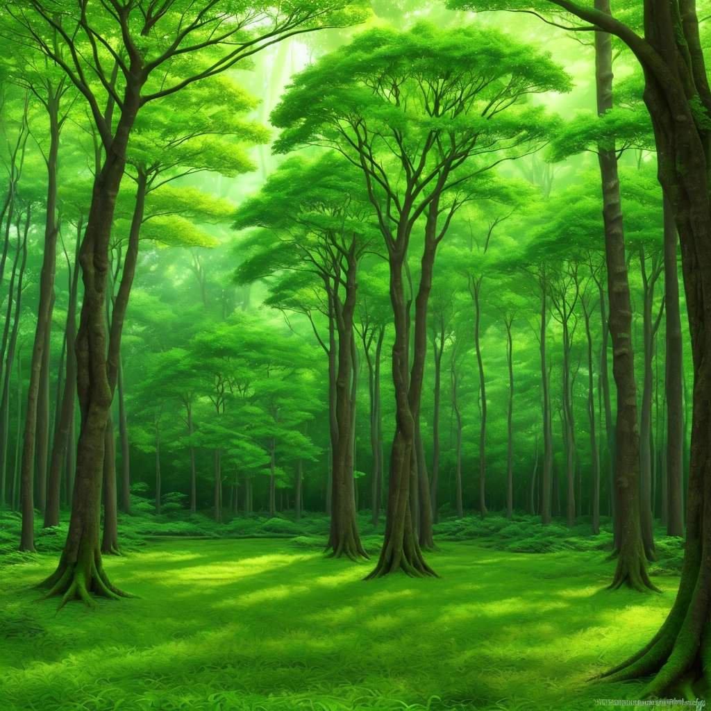 forest　Forest　Beautiful greenery　The light is shining　Vast　黄Beautiful greenery。