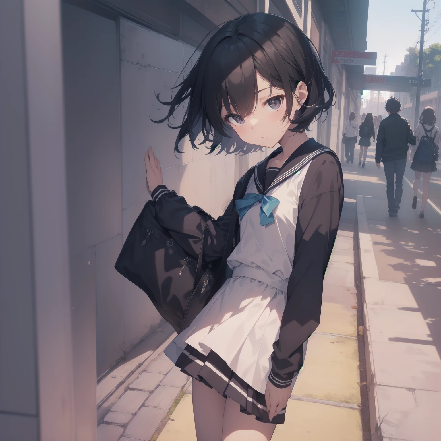 ultra-absurdres-Top quality by artist God, ultra-detailed, high resolution, anime moe artstyle, best anime 8k konachan wallpaper, pixiv contest winner, pool:2810, perfect anatomy,break, 1girl, (Please draw a girl walking sleepily to school alone. )break,(Solo,little female, 13-year-old:1.3),Full limbs, complete fingers,a junior high school student, (very short hair), short cut, flat chest, , small butt, small black eyes, beautiful detailed eyes, well-proportioned iris and pupils, expressive eyes, highres detailed hair, soft expression, salor school_uniform, sailor collar, serahuku, bow, pleated skirt,(Detailed Lighting), (Detailed background), in the School commute route. break,super detailed skin, Best cinematic lighting powered by famous artist, 8k,beauty illustration,photoshop_(medium),very aesthetic,break,((artist:yuuji_(and) )), artist:clamp ,artist:carnelian ,artist:kantoku ,
