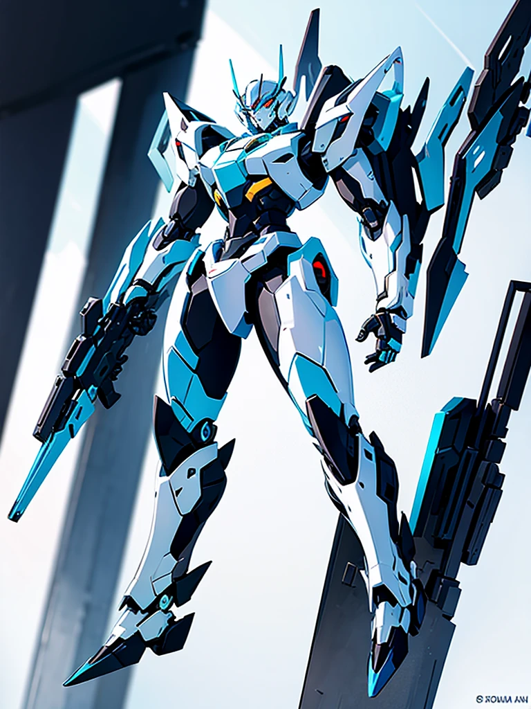 A robot (mecha) WHICH IS HUMANOID TYPE, THAT ITS COLORS ARE MAINLY TURQUOISE AND WHITE. Y SE VEA EL MODELO COMPLETO DEL mecha