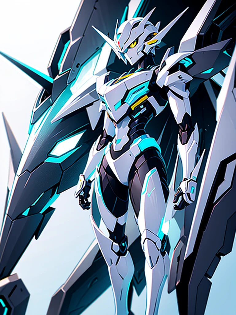 A robot (mecha) WHICH IS HUMANOID TYPE, THAT ITS COLORS ARE MAINLY TURQUOISE AND WHITE. Y SE VEA EL MODELO COMPLETO DEL mecha