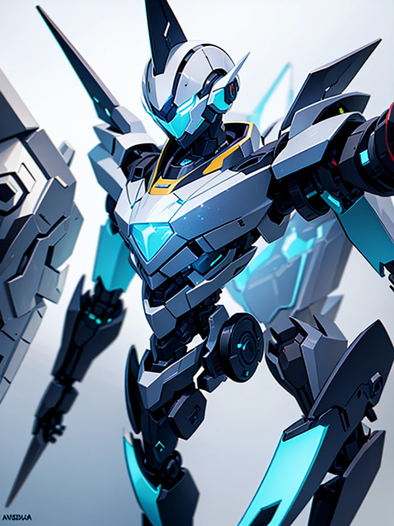 A robot (mecha) WHICH IS HUMANOID TYPE, THAT ITS COLORS ARE MAINLY TURQUOISE AND WHITE. Y SE VEA EL MODELO COMPLETO DEL mecha