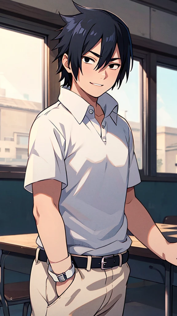 1 boy,shy smile,black eyes,,white open collared shirt,Short sleeves,black slacks,belt,School zone,(detailed eyes),detailed skin,masterpiece