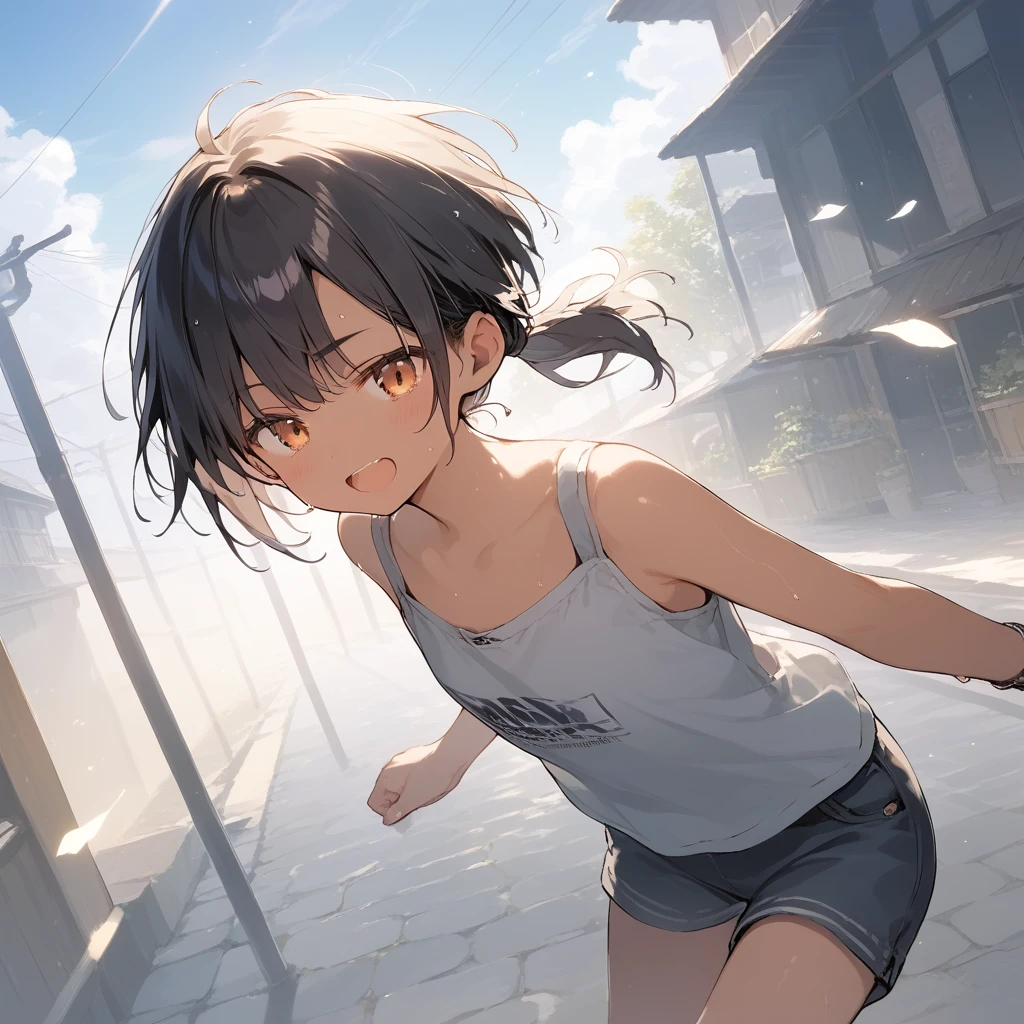 score_9, score_8_up, score_7_up, source_anime, best quality, masterpiece, official art, absurdres, highres, ultra-detailed,waifu2x,Collection: Slice of Life,break,1girl, tomboy, dark-skinned female, short hair, low ponytail, flat chest, beautiful detailed eyes, short shorts, sweat, open mouth, (yawn:0.3), sleepily, outdoors, wind,break,(clear line illustration:1.2), super detailed skin,very high resolution, very aesthetic, Best sexual lighting powered by famous artist, 8k,cute picture,beauty illustration,photoshop_(medium),,(Detailed Lighting),best anime 8k konachan wallpaper, pixiv contest winner, 
