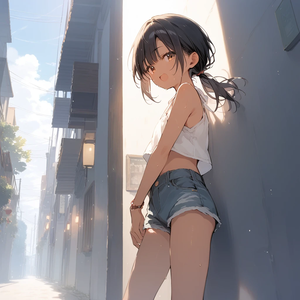 score_9, score_8_up, score_7_up, source_anime, best quality, masterpiece, official art, absurdres, highres, ultra-detailed,waifu2x,Collection: Slice of Life,break,1girl, tomboy, dark-skinned female, short hair, low ponytail, flat chest, beautiful detailed eyes, short shorts, sweat, open mouth, (yawn:0.3), sleepily, outdoors, wind,break,(clear line illustration:1.2), super detailed skin,very high resolution, very aesthetic, Best sexual lighting powered by famous artist, 8k,cute picture,beauty illustration,photoshop_(medium),,(Detailed Lighting),best anime 8k konachan wallpaper, pixiv contest winner, 