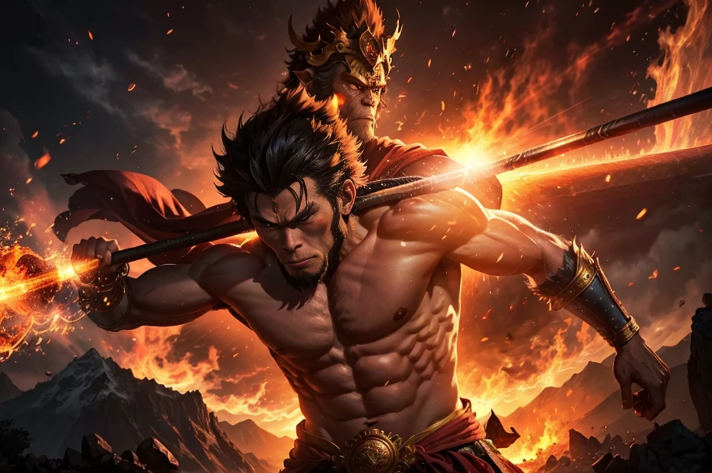 a powerful monkey king sun wukong fighting against superman, earth-shaking battle, golden cudgel, outdoor environment, intense atmosphere, flames, mountainous landscape, best quality, masterpiece