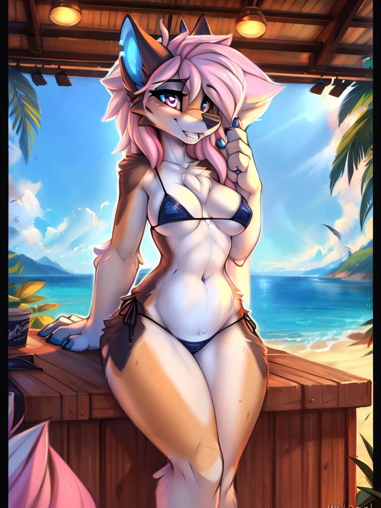 por Kenket, ross tran, Ruan Jia, zaush, Foxovh, por Zackary911, por hyattlen, yo, Terans, por Fumiko, por pixelsketcher, por Bayard Wu, por Thomas Benjamin Kennington, by Einshelm, by Kilinah, de Coffeesoda, by hioshiru, por fluff-kevlar, Bye R-MK, por Dimwitdog, velues,(melhor qualidade)iluminação cinematográfica, Nazuna_hiwatashi, anthropo, female, standing alone, whole body, mocking look, pink hair, pink tail, peace sign,(melhor qualidade)black micro-bikini,(melhor qualidade)black calcinha ((fio dental)), beachfront, sitting on the floor, enorme chest, hips, thick-thighs, segurando o peito, iluminação cinematográfica