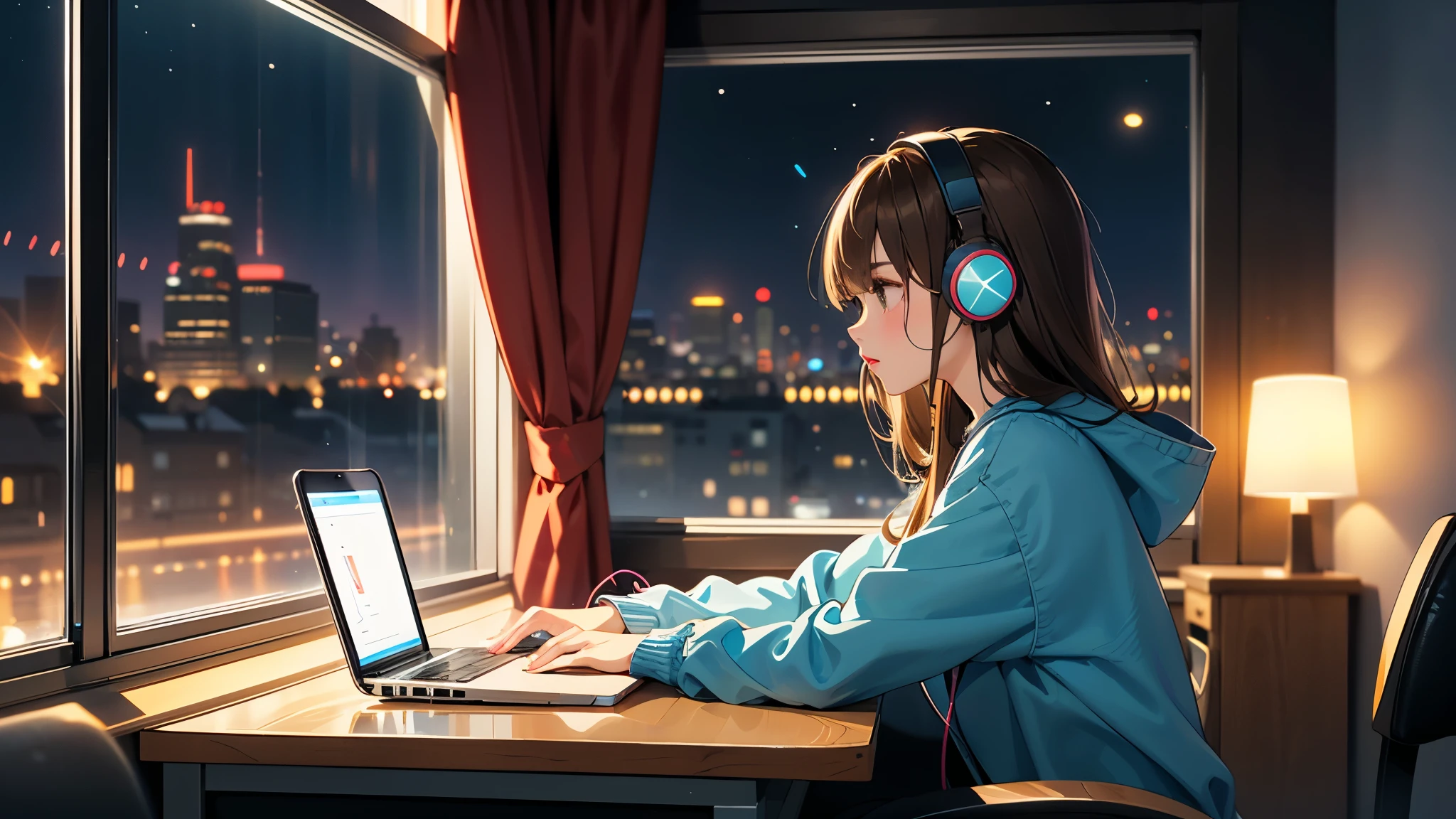 room with large windows, Outside the window is a city at night, A girl with brown hair and black eyes, headphone, Using laptop at desk, side view
