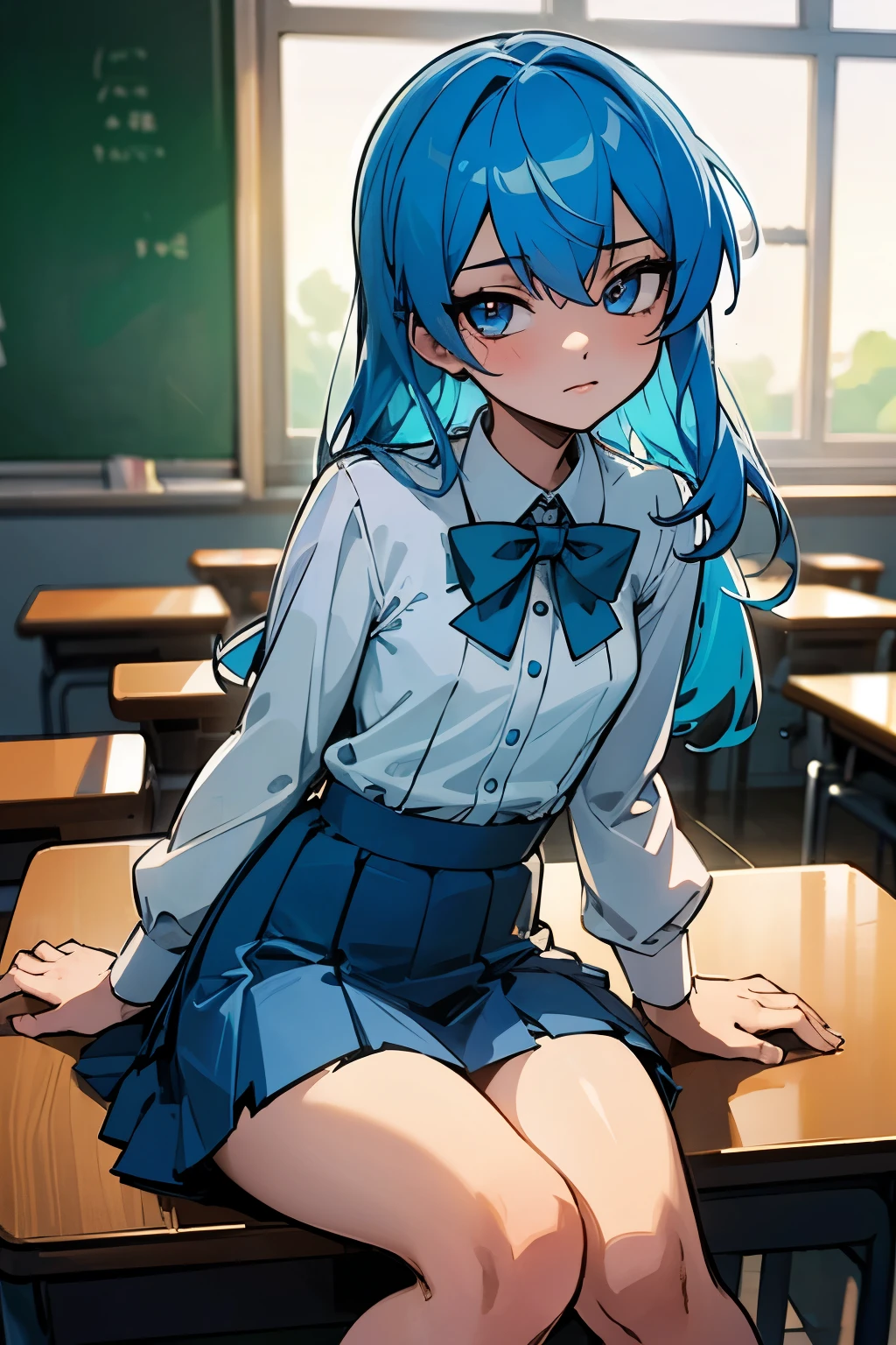 masterpiece, best quality, ultra-detailed, illustration, colorful, flat color, depth of field, lens flare, 1girl, hoshimachi suisei, anime, sitting, blue hair, looking at viewer, school, classroom, white shirt, bowtie, bottomless, detailed skin texture, detailed cloth texture, beautiful detailed face, small breasts