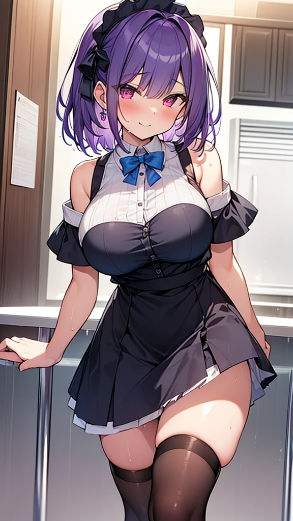 最high quality, high quality, Super detailed, 32k, Ultra-detailed details, waitress(only, Standing, pretty girl, beautiful purple hair, short hair, Beautiful RED eyes, mature, Big Breasts, A light smile, Off-the-shoulder sleeveless Summer メイド服, Summer casual maid clothes, Short skirt, Blue and white color striped underwear, Black knee socks, loafers, My crotch is wet with love juice, 18-year-old,cute), {{A succubus disguised as a waitress approached the target man&#39;s sister, peeled off the skin of the sister&#39;s face, and stuck it on her own face, becoming the waitress succubus&#39;s face., The hem of her skirt is lifted high, exposing her underwear}}, She has transformed from a shy maid into a lewd one., A maid with her sister&#39;s face stuck on her face is vigorously pistoning her body, A maid who moves her body vigorously without caring if her breasts bounce, Super detailed, indoor, Full body image, ((Head to Toe:1.3)), NSFW