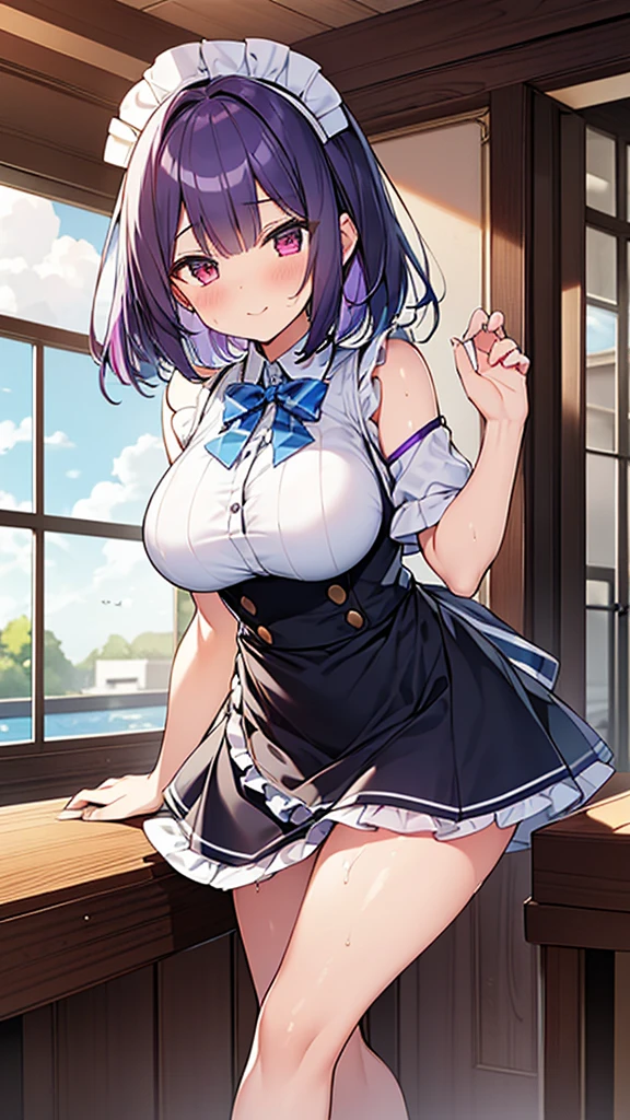 最high quality, high quality, Super detailed, 32k, Ultra-detailed details, waitress(only, Standing, pretty girl, beautiful purple hair, short hair, Beautiful RED eyes, mature, Big Breasts, A light smile, Off-the-shoulder sleeveless Summer メイド服, Summer casual maid clothes, Short skirt, Blue and white color striped underwear, Black knee socks, loafers, My crotch is wet with love juice, 18-year-old,cute), {{A succubus disguised as a waitress approached the target man&#39;s sister, peeled off the skin of the sister&#39;s face, and stuck it on her own face, becoming the waitress succubus&#39;s face., The hem of her skirt is lifted high, exposing her underwear}}, She has transformed from a shy maid into a lewd one., A maid with her sister&#39;s face stuck on her face is vigorously pistoning her body, A maid who moves her body vigorously without caring if her breasts bounce, Super detailed, indoor, Full body image, ((Head to Toe:1.3)), NSFW