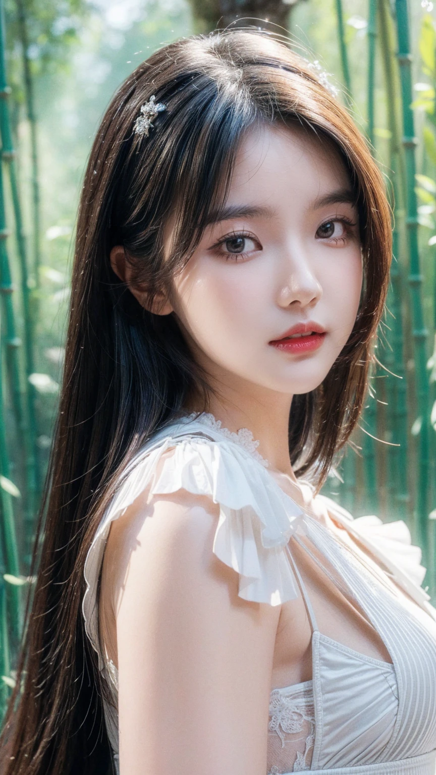 masterpiece, best quality, Soft lighting, absurd, 1 Girl, Focus only, Skin blemishes, Skin Indentation, Perfect face, Facial swelling, Pretty Face, big eyes, Puffy eyes, Perfect eyes, eyelash, Hu Tao (Genshin Impact) from Genshin Impact, outdoor, bamboo forest, 8K, Ultra HD, Human Development Report, (masterpiece:1. 5), (best quality:1. 5)