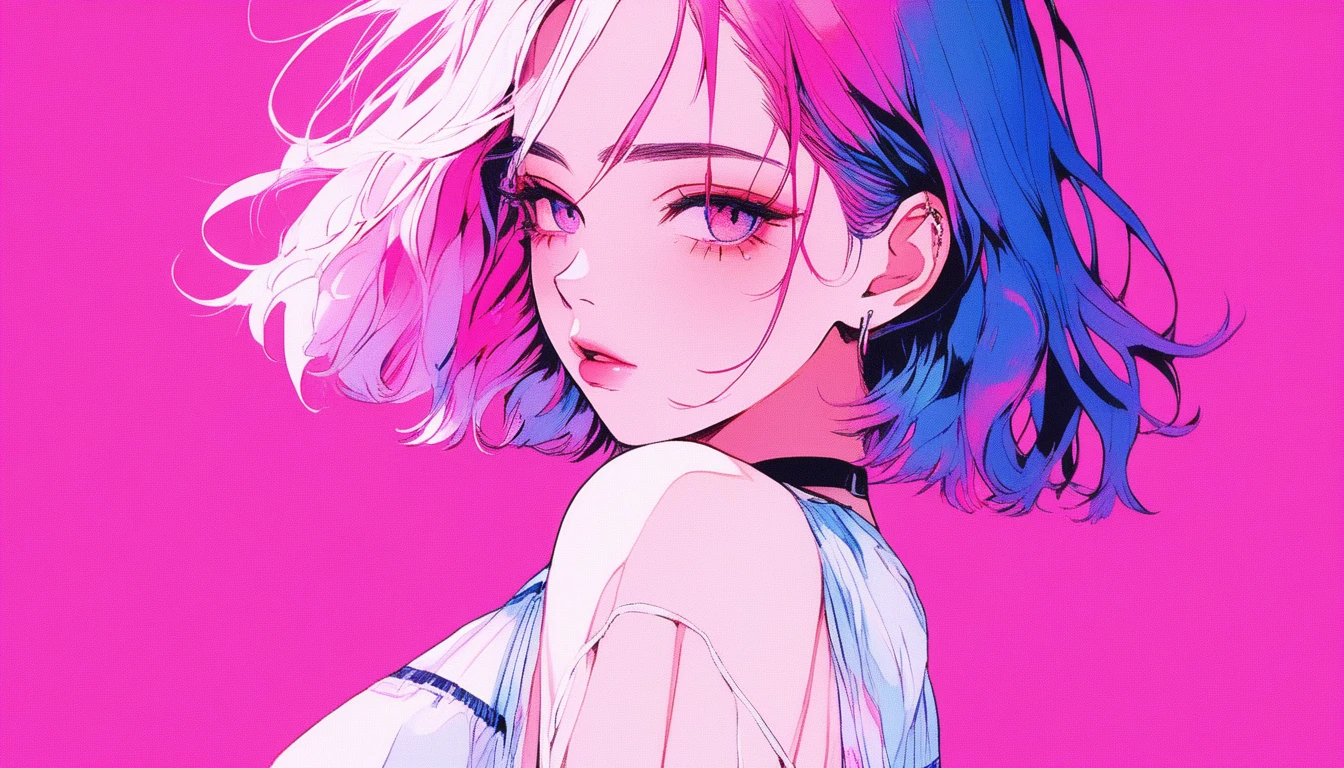 Illustrator, anime , Realistic ,sketch , 1 person, model, Age 25, lip, Black lingerie with a sheer look, featuring abundant lace., order, Blue and pink gradient background, Neon bob hair, Big Breasts, look back, Upper Body, Sexy look, Texture Trim, Russian, (masterpiece,Highest quality)