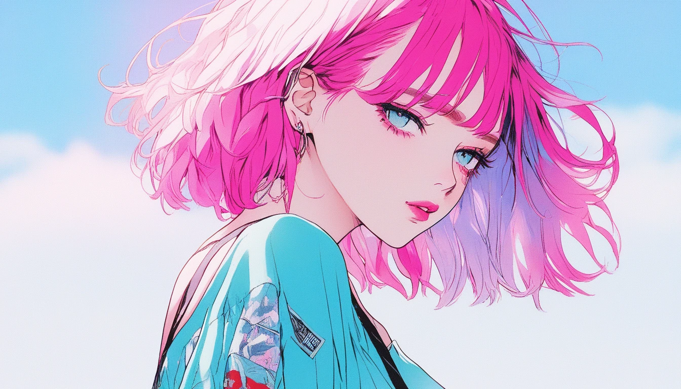 Illustrator, anime , Realistic ,sketch , 1 Girl, ,lip, blouse,order, Summer background, Neon Hair,Textured Trim, Canadian, (masterpiece,Highest quality) Cancer,Summer heat,Vision,