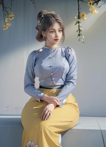 photorealistic, high resolution, masterpiec e best quality ultra-detailed, 1women. (m edium breast), hair bun, jesmine flower o n the head, mature female, solo, hips up, (wearing acmmsayarma outfit, acmmsaya rma blue top with buttons, long sleeves), ((acmmsayarma yellow long skirt)  dress 