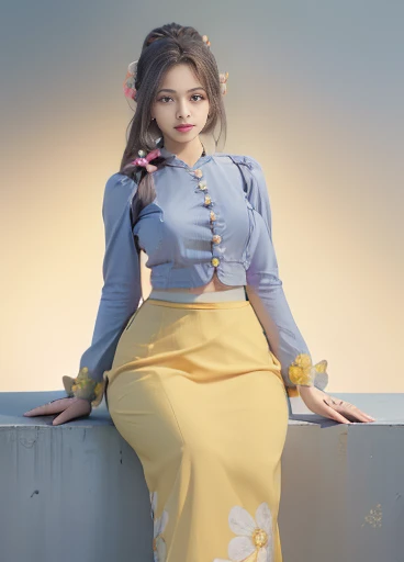 photorealistic, high resolution, masterpiec e best quality ultra-detailed, 1women. (m edium breast), hair bun, jesmine flower o n the head, mature female, solo, hips up, (wearing acmmsayarma outfit, acmmsaya rma blue top with buttons, long sleeves), ((acmmsayarma yellow long skirt)  dress 