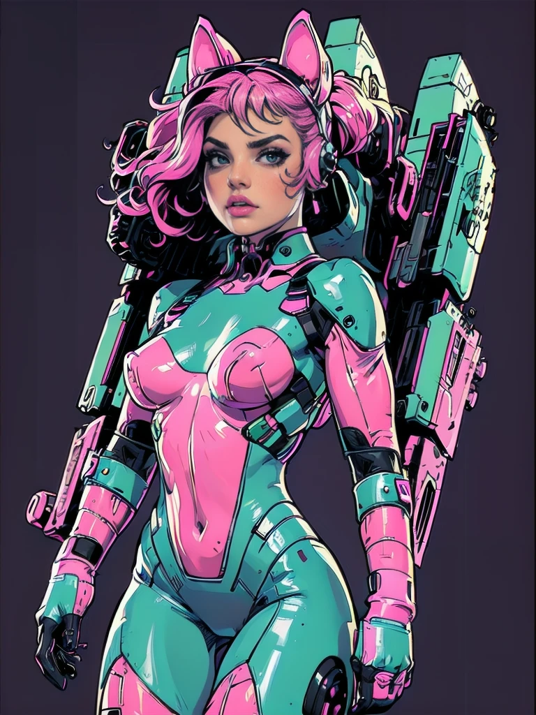 complete body shot,retro futuristic flat background,masterpiece, best quality, 1girl, solo, retro futuristic cyborgwoman, seamlessly blending mechanics and elegance. fit, small breasts, blueish skin, with magenta hair, gun firing pose, form fitting pastel green and pink with black colorblocking gundam suit-like-armor,kitty_ear headpiece, happy, wild punky hair, humanoid face with bigger eyes and some cyberparts holding a retro futuristoc space-gun, plain background, dark colors, Anime, Cartoon, Comic Book, Concept Art