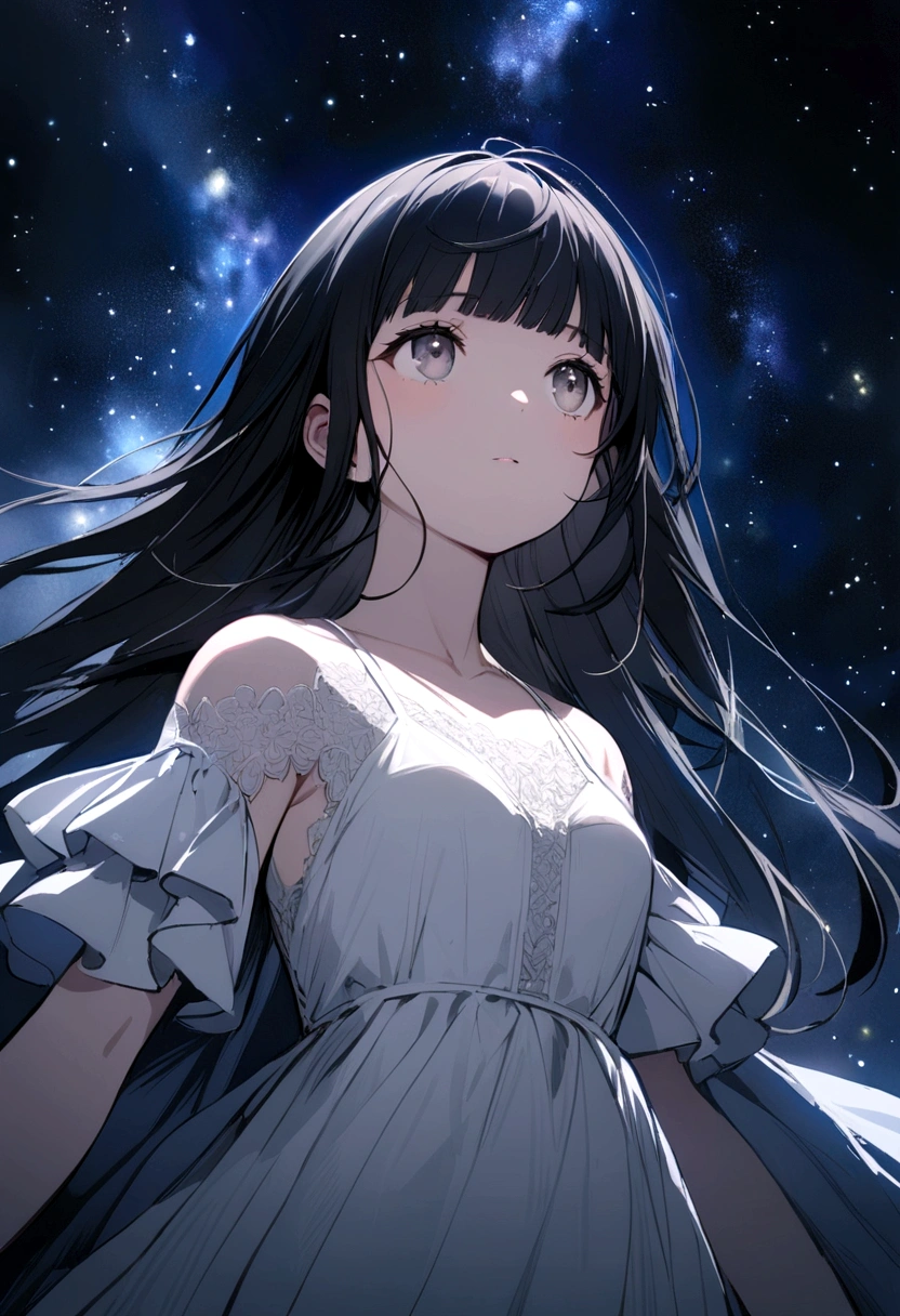 girl with long black hair with even and straight bangs, gray eyes, wearing a white dress, looking up at the starry sky