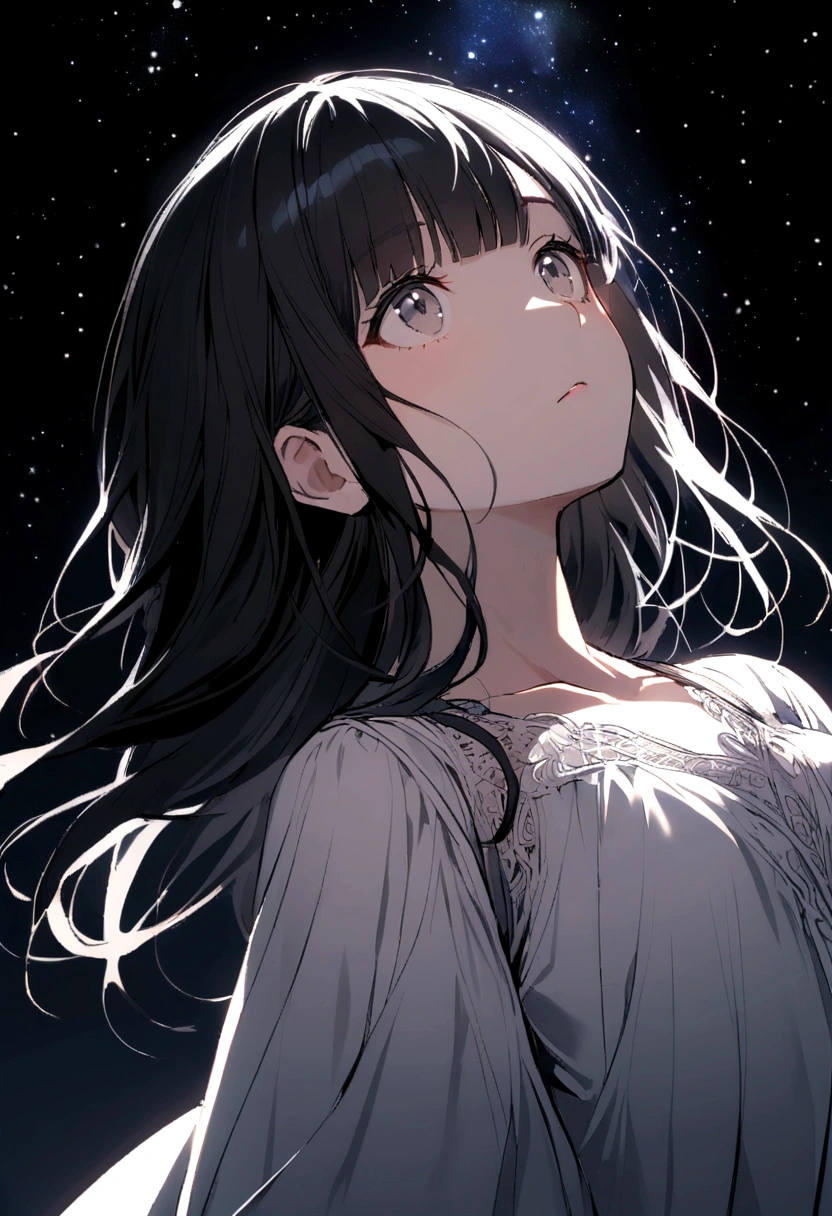 girl with long black hair with even and straight bangs, gray eyes, wearing a white dress, looking up at the starry sky