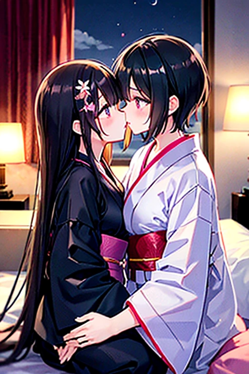 2 woman, lesbian, yuri, lascivious, ecchi, short dark hair, sexy kimono, kissing her friend, bleach anime, in bed, perfect lighting, natural light, detailed background, kuchiki rukia (small boobs, short black messy hair) kissing Orihime Inoue (long redhair, big boobs)