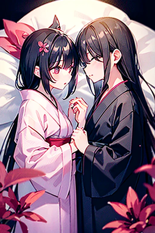 浴衣を着た大人のmalefemaleのカップル,Gazing at each other,Kissing together,美しい場所で愛し合う会うmalefemaleの二人,Black Hair_male,Black yukata_male,Straight Hair_male,Dark Chestnut Hair_female,Pale pink yukata_female,Floral Yukata_female,Flower Hair Ornaments_female,night,Lovers melt in bed,彼は彼femaleを抱きしめる