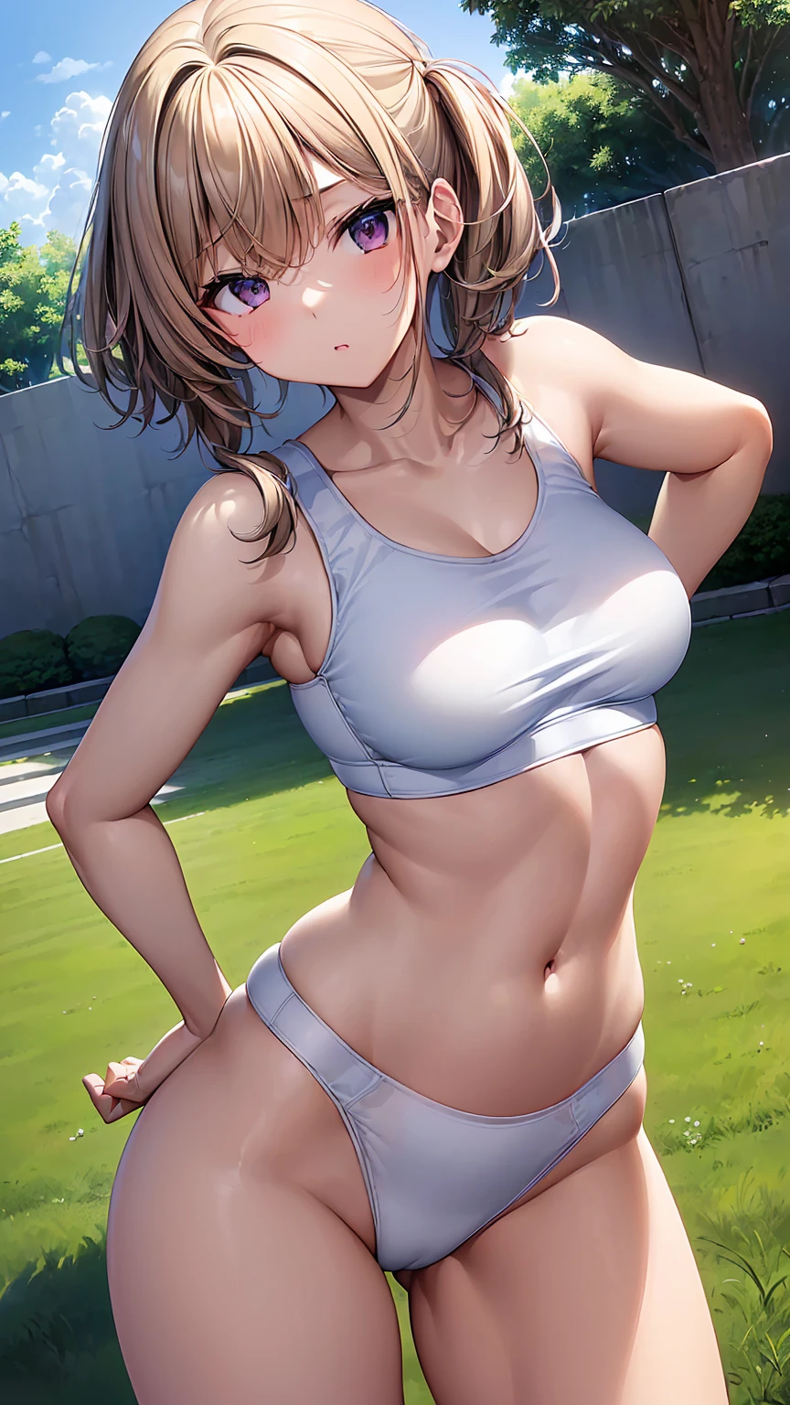 16K、masterpiece、High resolution、((18-year-old female))、Very large breasts、(((thin, A skin-tight white sports bra))、((白くthinスポーツレギンス))、Seductive look、((Put your hands on your hips))、Very close、Angle from below