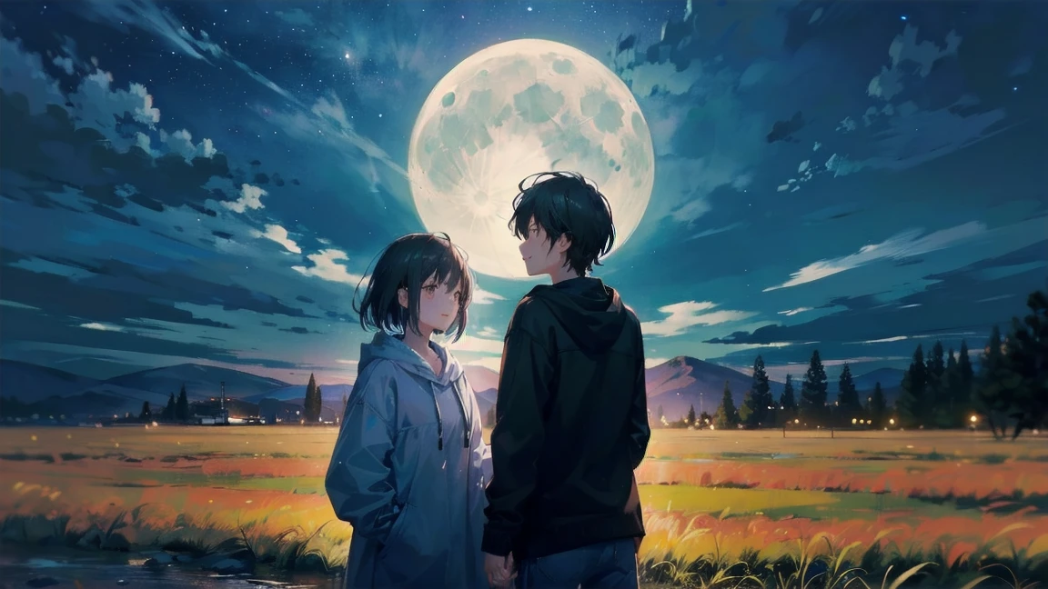 In a serene highland under a starry night sky, the gentle glow of the moon bathes the landscape in a soft, silvery light. A boy and a girl stand together in the center of the field, their faces illuminated by the moonlight. The cool night breeze whispers through the grass, adding to the tranquil atmosphere. The boy, with a gentle smile, speaks softly to the girl, who responds with a shy but warm smile of her own. Dressed in casual, comfortable clothing, they seem to be sharing a moment of quiet connection, surrounded by the beauty of the night and the distant silhouettes of the mountains.