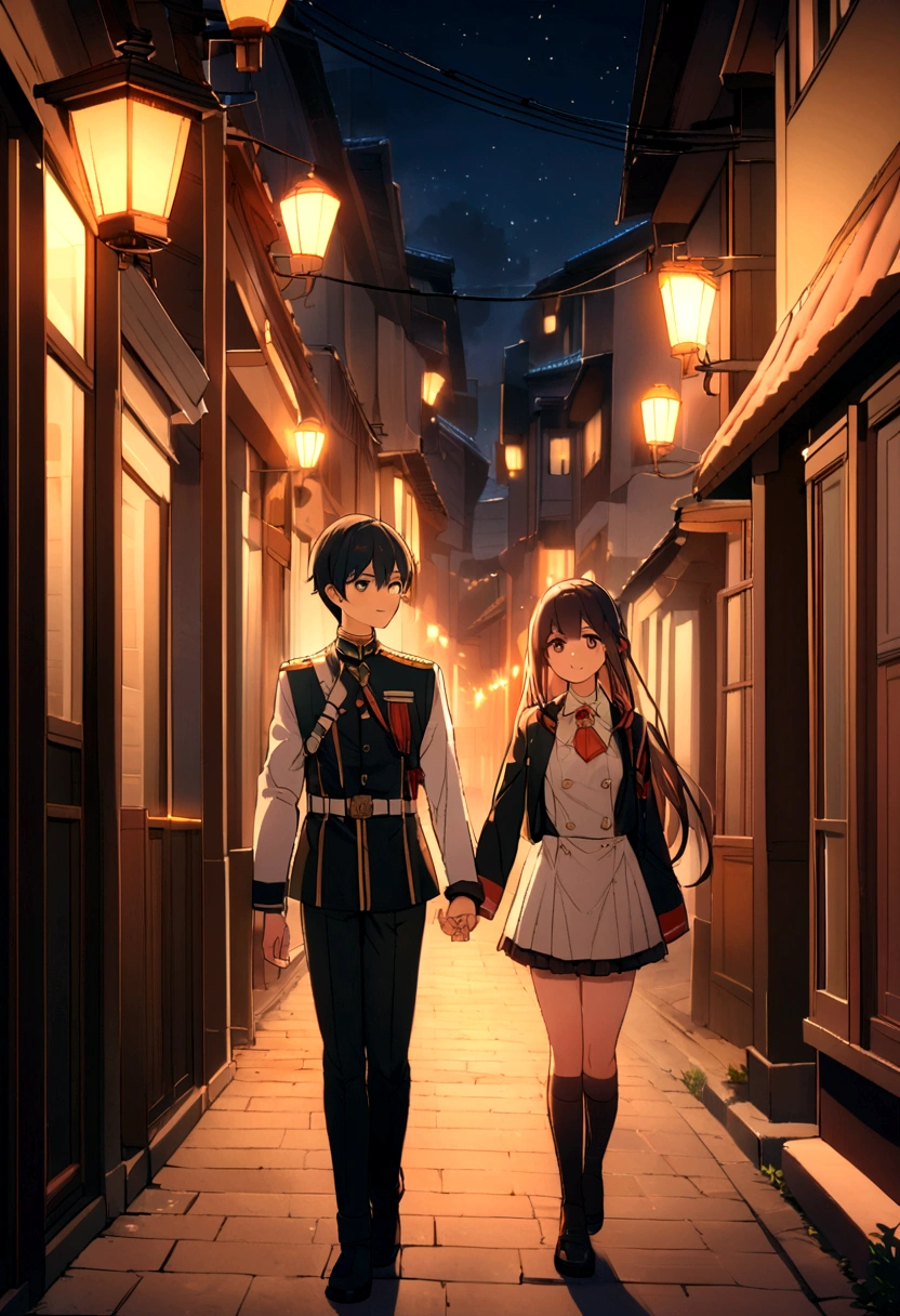 A student couple in uniform taking a walk at night in the night view