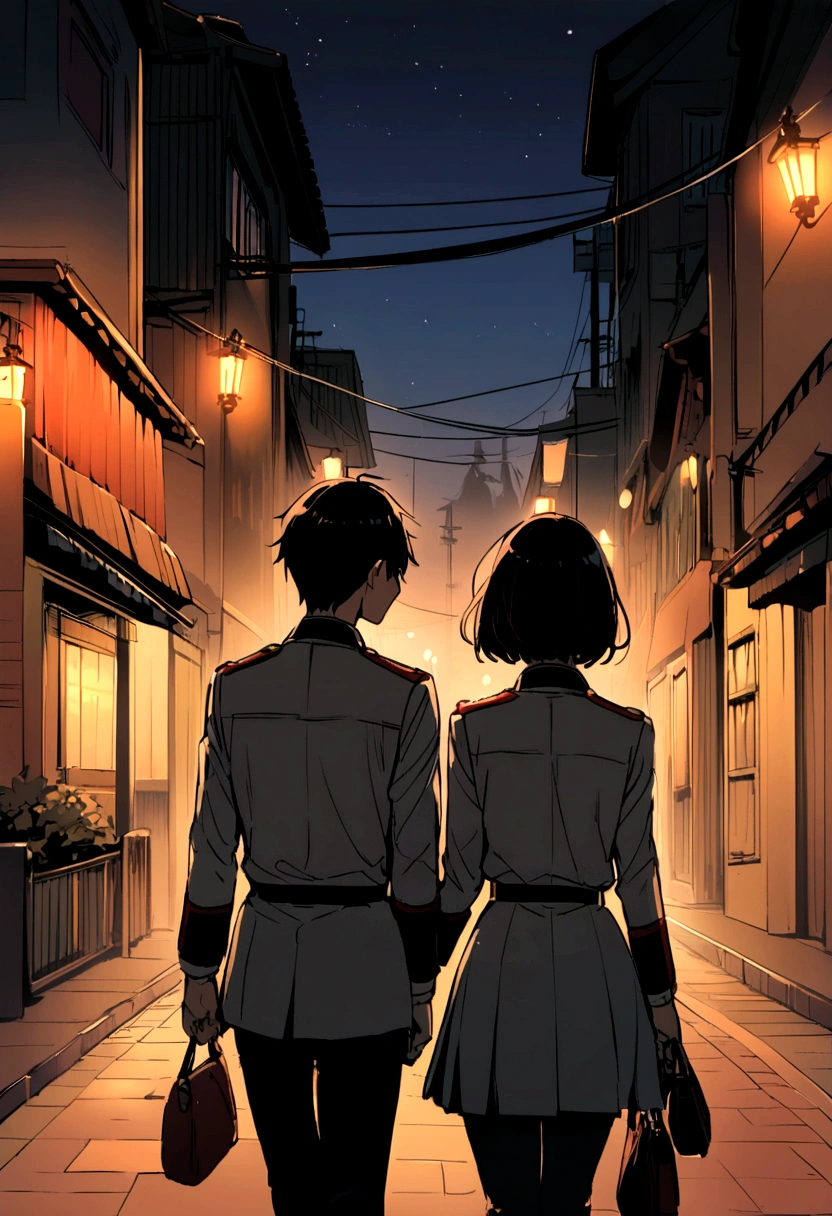 A student couple in uniform taking a walk at night in the night view