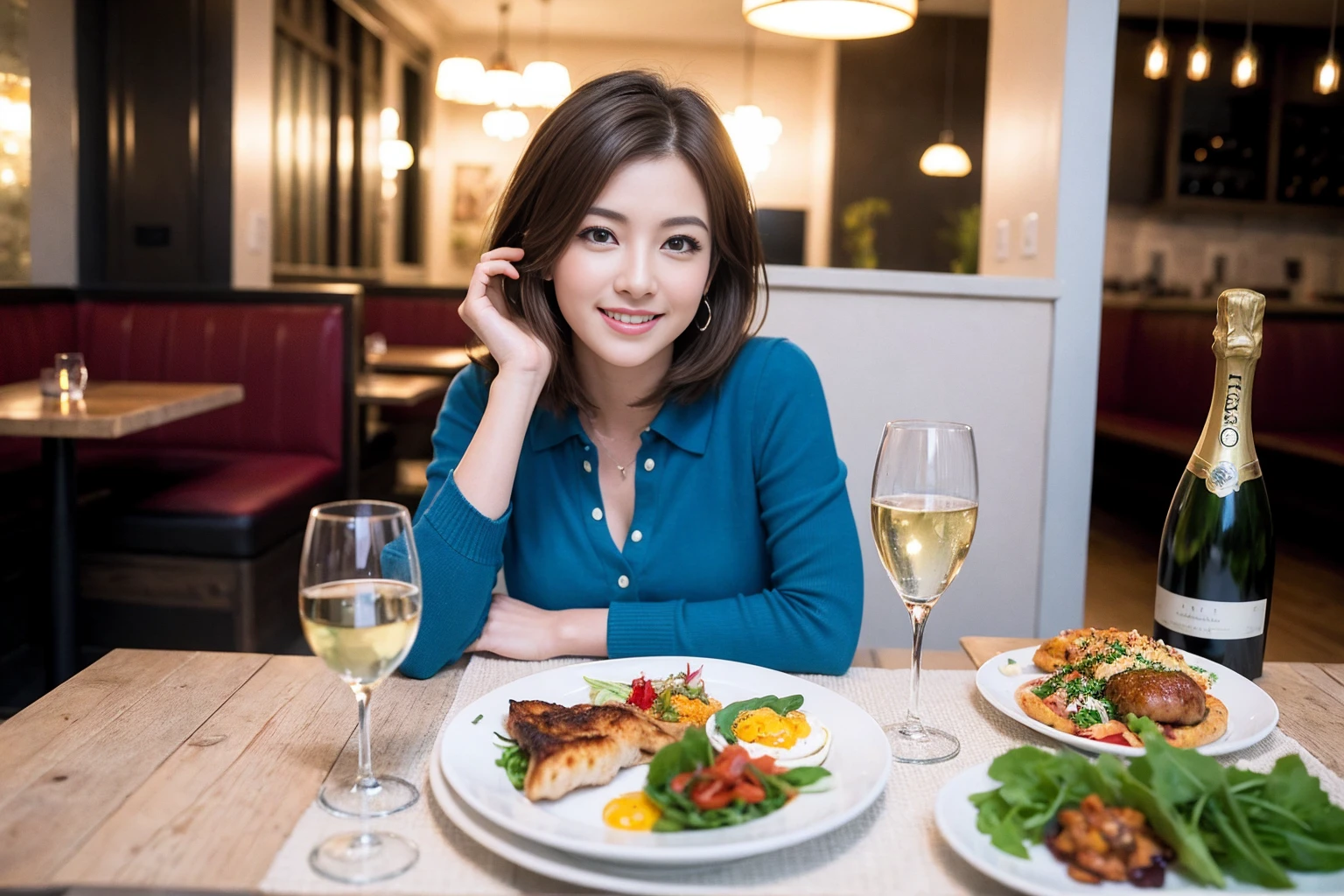 ((Highest quality、8K、masterpiece:1.3))、Yuuko Araki、slimカップル、ピンクmodelカップル、(Realistic, Intricate details:1.2), full-course dinner、Wine Party、Amazing view of the sunset sky and clouds、A bright smile、The wonderfulness of smile、Bright image、The beauty of wine, Beautiful Face, blue eyes, The light shines on your face, Blushing, short hair,Bright Face、42 years old,45 years old, red wine 、Appetizers、Italian food、Wine bottle、Champagne、sparkling wine、Two beauties、Brown Hair、Shortcuts、Long sleeve shirt、dress、Beautiful woman 1, (slimな顔), (The body is slim), (Brown Hair), (Shortcuts), cheeks turn a little red,Attractive beauty、restaurant, In a prominent place (From the waist up) Nova Frog Style, actress, model, Upper Body, White wine, slim, wine glass, 中央に置かれたwine glass, smile, (smile: 1.15), Beautiful fine grain, Depth f/2,saturation, High Contrast, Strong light and shadow,Moist Body:1.5、3D texture、Delicate eyes、Brown Hair、The hair is very shiny、