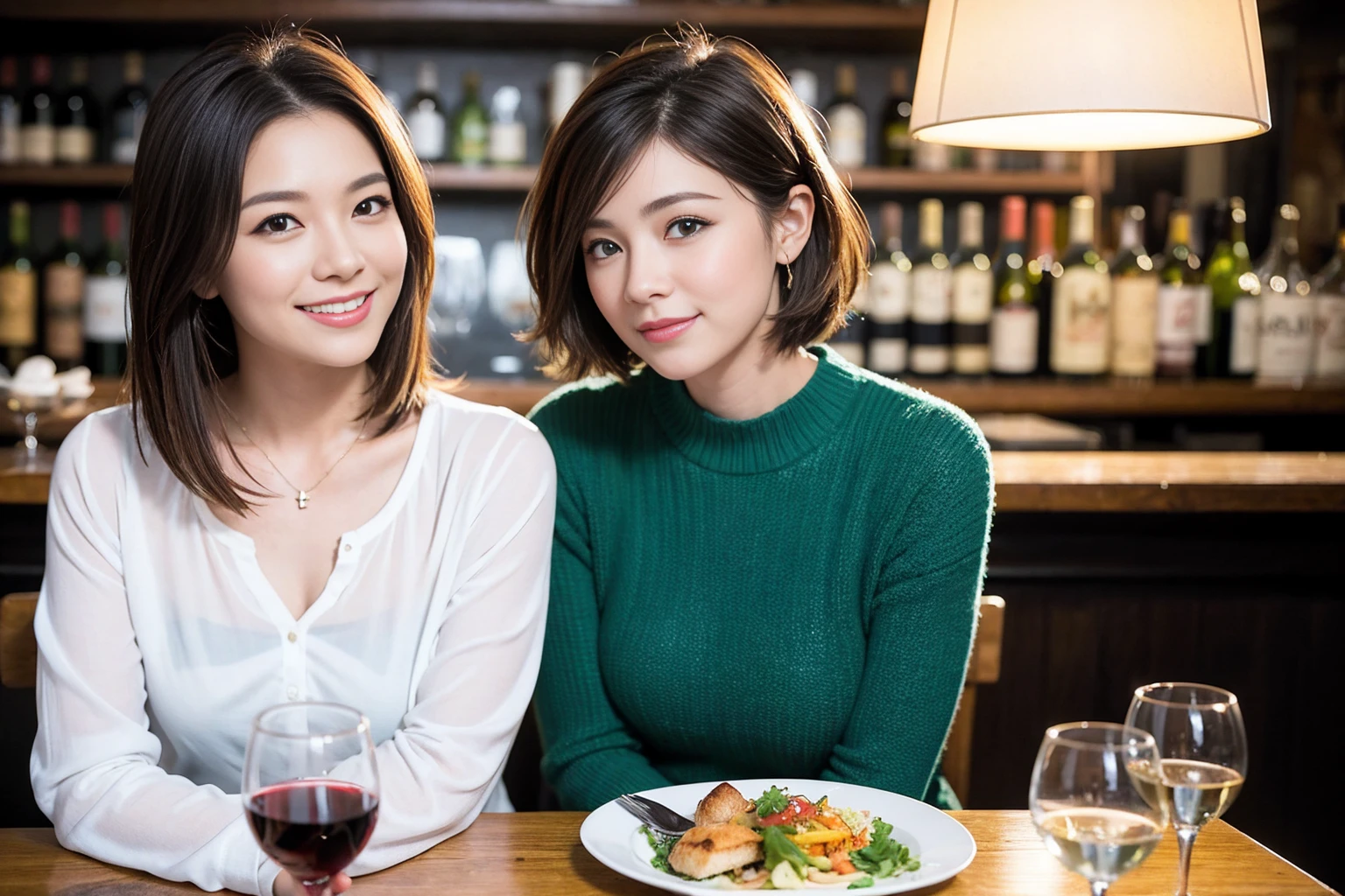 ((Highest quality、8K、masterpiece:1.3))、Yuuko Araki、slimカップル、ピンクmodelカップル、(Realistic, Intricate details:1.2), full-course dinner、Wine Party、Amazing view of the sunset sky and clouds、A bright smile、The wonderfulness of smile、Bright image、The beauty of wine, Beautiful Face, blue eyes, The light shines on your face, Blushing, short hair,Bright Face、42 years old,45 years old, red wine 、Appetizers、Italian food、Wine bottle、Champagne、sparkling wine、Two beauties、Brown Hair、Shortcuts、Long sleeve shirt、dress、Beautiful woman 1, (slimな顔), (The body is slim), (Brown Hair), (Shortcuts), cheeks turn a little red,Attractive beauty、restaurant, In a prominent place (From the waist up) Nova Frog Style, actress, model, Upper Body, White wine, slim, wine glass, 中央に置かれたwine glass, smile, (smile: 1.15), Beautiful fine grain, Depth f/2,saturation, High Contrast, Strong light and shadow,Moist Body:1.5、3D texture、Delicate eyes、Brown Hair、The hair is very shiny、