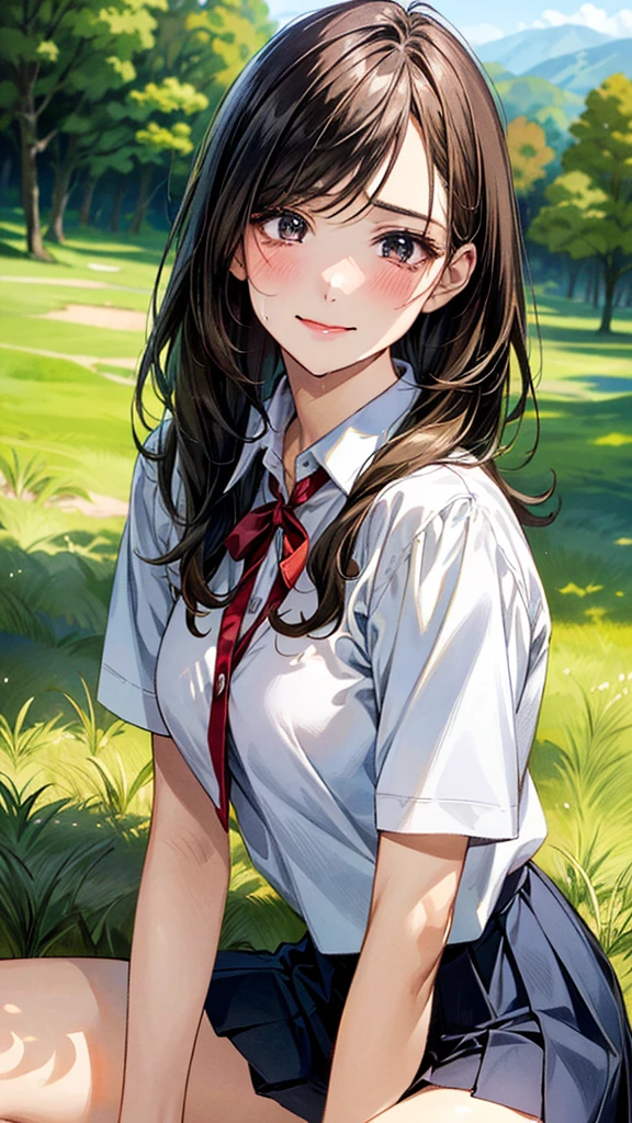 (masterpiece:1.2, top-quality, ultra high res, ultra detailed), (realistic, photorealistic:1.4), beautiful illustration, (natural side lighting, movie lighting), 
looking at viewer, (face focus, upper body), 1 girl, japanese, high school dirl, perfect face, (perfect anatomy), cute and symmetrical face, baby face, shiny skin, slender
(long hair:1.5, straight hair:1.2, sark brown hair), parted bangs, grey eyes, long eye lasher, (medium breasts), 
beautiful hair, beautiful face, beautiful detailed eyes, beautiful clavicle, beautiful body, beautiful chest, beautiful thigh, beautiful legs, 
((detailed cloth texture, short sleeve white collared shirts, navy blue pleated mini skirt, red neck ribbon), , , 
(beautiful scenery), hands on chest, (lovely smile, upper eyes), 

In a grassy field, a girl is on all fours, and a large dog is clinging to her back from behind, holding on tightly to her lower body.
Her face was bright red, her mouth was open, and she looked like she was about to cry.
She is wearing a very short skirt.