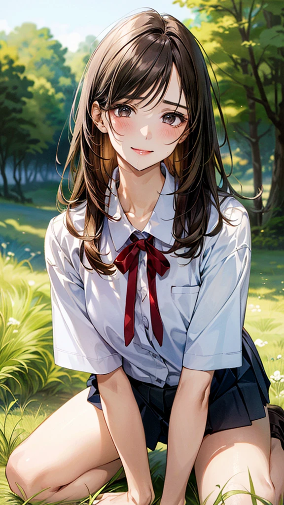 (masterpiece:1.2, top-quality, ultra high res, ultra detailed), (realistic, photorealistic:1.4), beautiful illustration, (natural side lighting, movie lighting), 
looking at viewer, (face focus, upper body), 1 girl, japanese, high school dirl, perfect face, (perfect anatomy), cute and symmetrical face, baby face, shiny skin, slender
(long hair:1.5, straight hair:1.2, sark brown hair), parted bangs, grey eyes, long eye lasher, (medium breasts), 
beautiful hair, beautiful face, beautiful detailed eyes, beautiful clavicle, beautiful body, beautiful chest, beautiful thigh, beautiful legs, 
((detailed cloth texture, short sleeve white collared shirts, navy blue pleated mini skirt, red neck ribbon), , , 
(beautiful scenery), hands on chest, (lovely smile, upper eyes), 

In a grassy field, a girl is on all fours, and a large dog is clinging to her back from behind, holding on tightly to her lower body.
Her face was bright red, her mouth was open, and she looked like she was about to cry.
She is wearing a very short skirt.