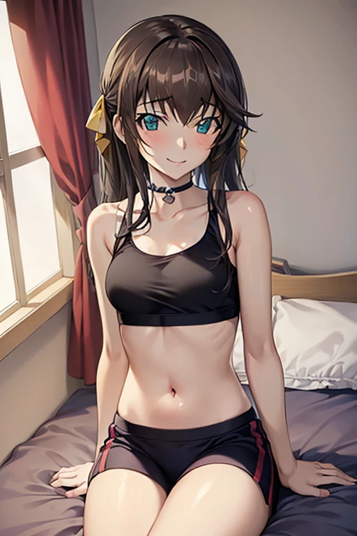 (masterpiece, Highest quality:1.2), One girl, alone, Small breasts, choker, Shine, (Sports Bra、Striped pants), Lying in bed, smile, (View from above), (Fine and beautiful eyes:1.6), Highly detailed face, Highly detailed CG, (Perfect hands, Perfect Anatomy),