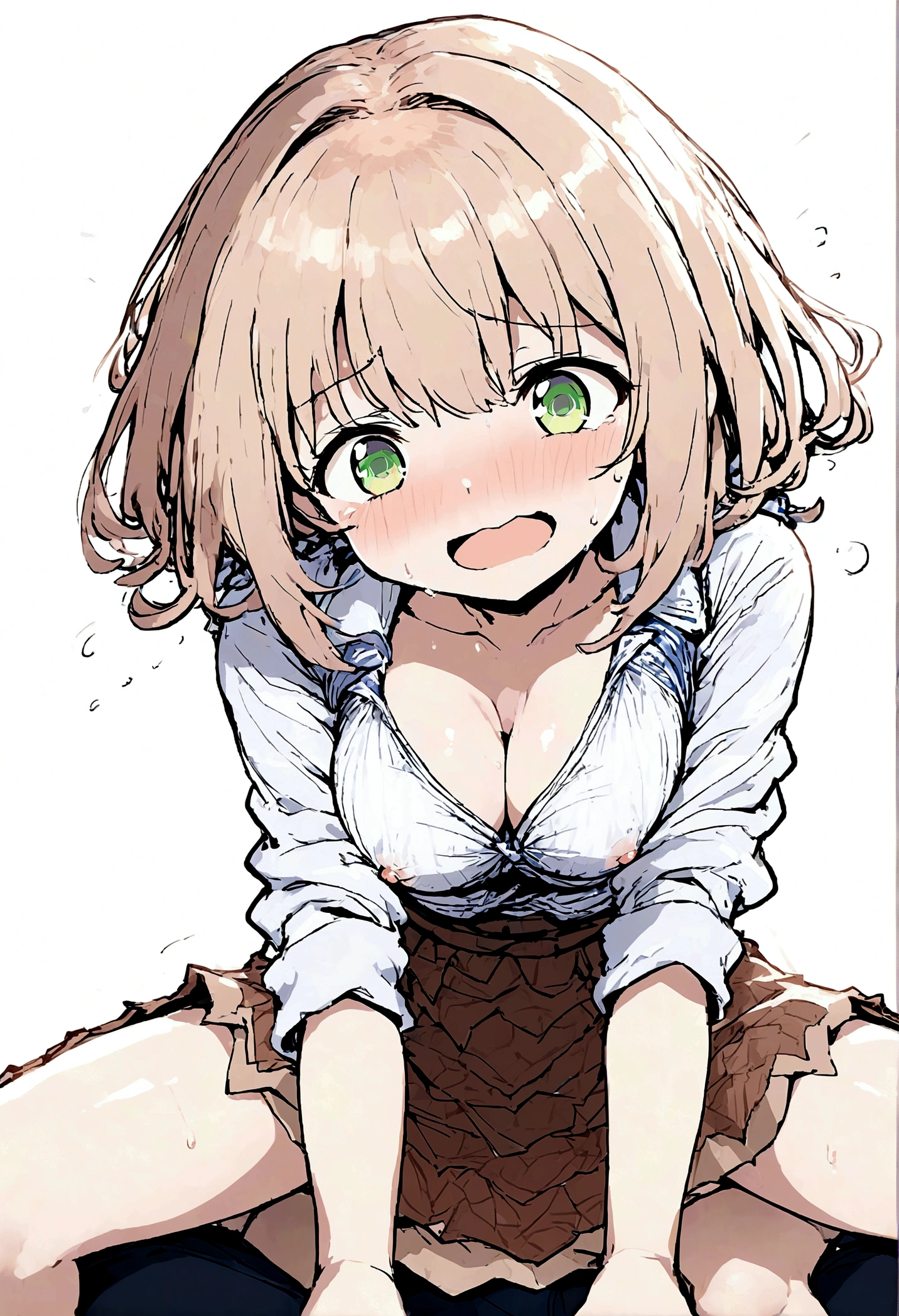 Small nipples、Lift up your skirt、Beautiful cracked、Embarrassed expression、A cock is inserted into the pussy、Depiction of cowgirl sex、Her chest is exposed and her breasts are sticking out.