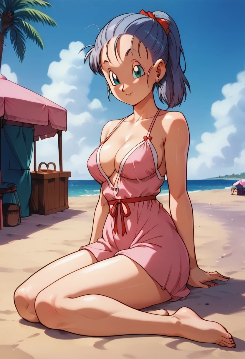 Bulma, 1girl, Blue hair, pink night gown, bare foot, beautiful  female body, beautiful breasts, no underclothing, background: beach