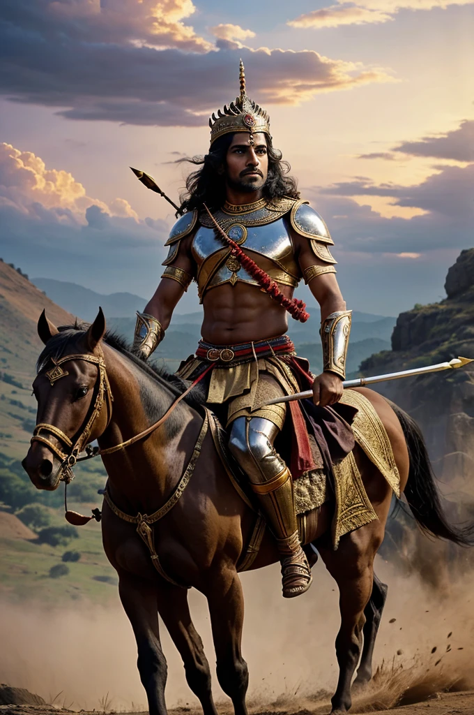 To describe an image prompt featuring Arjuna from the Mahabharata, you could say:
"Depict Arjuna, the legendary archer from the Mahabharata, standing in his chariot, holding his bow (Gandiva) with a determined look. He is dressed in traditional warrior attire, with armor and a crown, with a quiver of arrows on his back. The background shows a battlefield scene from the Kurukshetra war, with chariots, warriors, and a dynamic sky to capture the intensity of the moment."