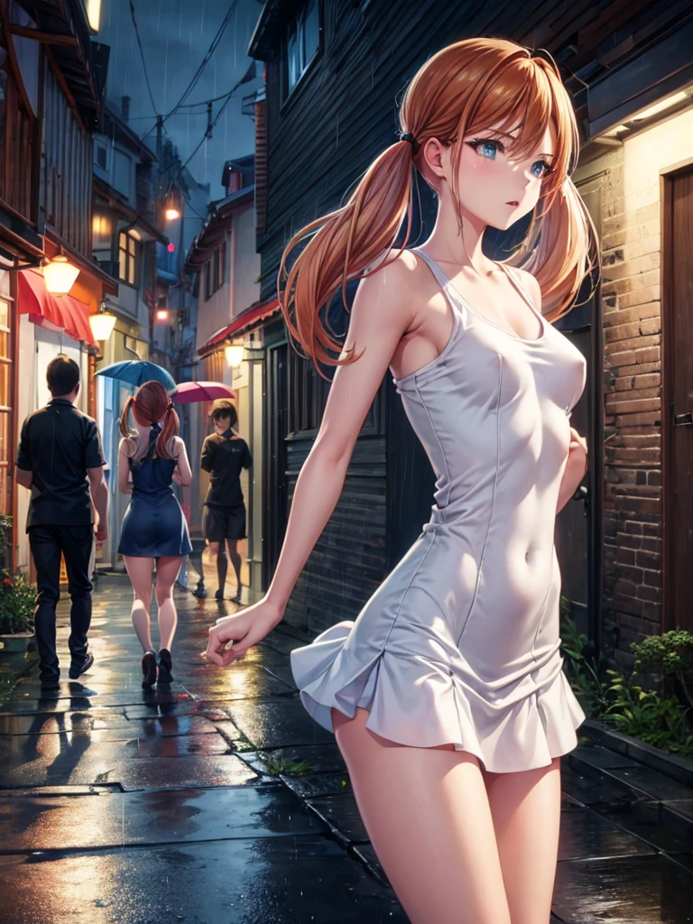 Girl, short tight dress , Bare breasts, chest visible, street  background, openlegs, Narrow passage between houses, night, rain, slim body, In full growth, twin tail, You can see the ass 