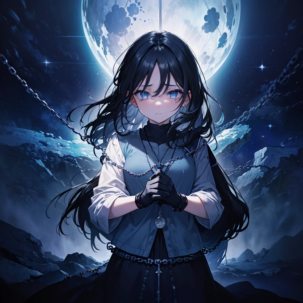 (((Pulled by chains)))　((High resolution　Black Hair　Long Hair　Dull blue eyes　uniform　Lonely　despair))　((necklace　tears　gloves))　(night　Distorted Space-Time　star　moon　)　Catch the wind　Light