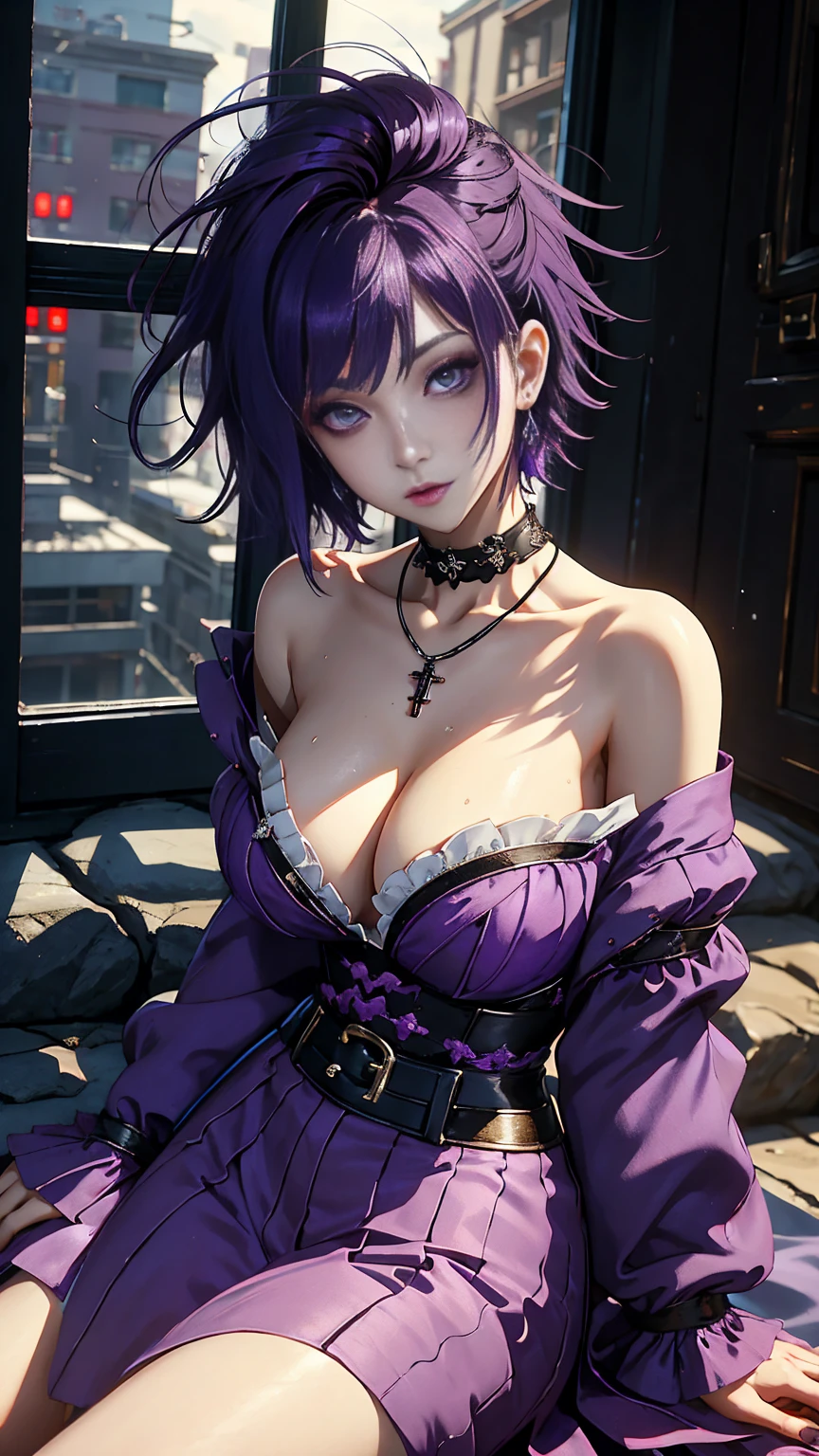 masterpiece, top-quality, ((1womanl)), different purple color, finely eye and detailed face, intricate detailes, Casual black and purple attire, window, A smile, Happiness, tenderness, high-level image quality、selfee, Beautuful Women、tall、a small face, D-cups, The upper part of the body、nightfall, nighttime scene、𝓡𝓸𝓶𝓪𝓷𝓽𝓲𝓬、Korea person, Idol Photos, Model photo, k pop, Professional Photos, Vampires, Korean fashion in black and purple, Fedoman with necklace, inspired by Sim Sa-jeong, androgynous vampire, :9 detailed face: 8, extra detailed face, detailed punk hair, ((eyes are deialed)) baggy eyes, Seductive. Highly detailed, semi realistic anime, Vampires, hyperrealistic , Delicate androgynous princess, imvu, ((short hair woman)), purple hair woman with wild look, ((Woman with short purple hair)), ((1 persons)), ((sitting, big perky breasts, deep cleavage, oily skin, oily body)), ((1 persons)), sitting, legs wide open showing red underwear, POV from below,))