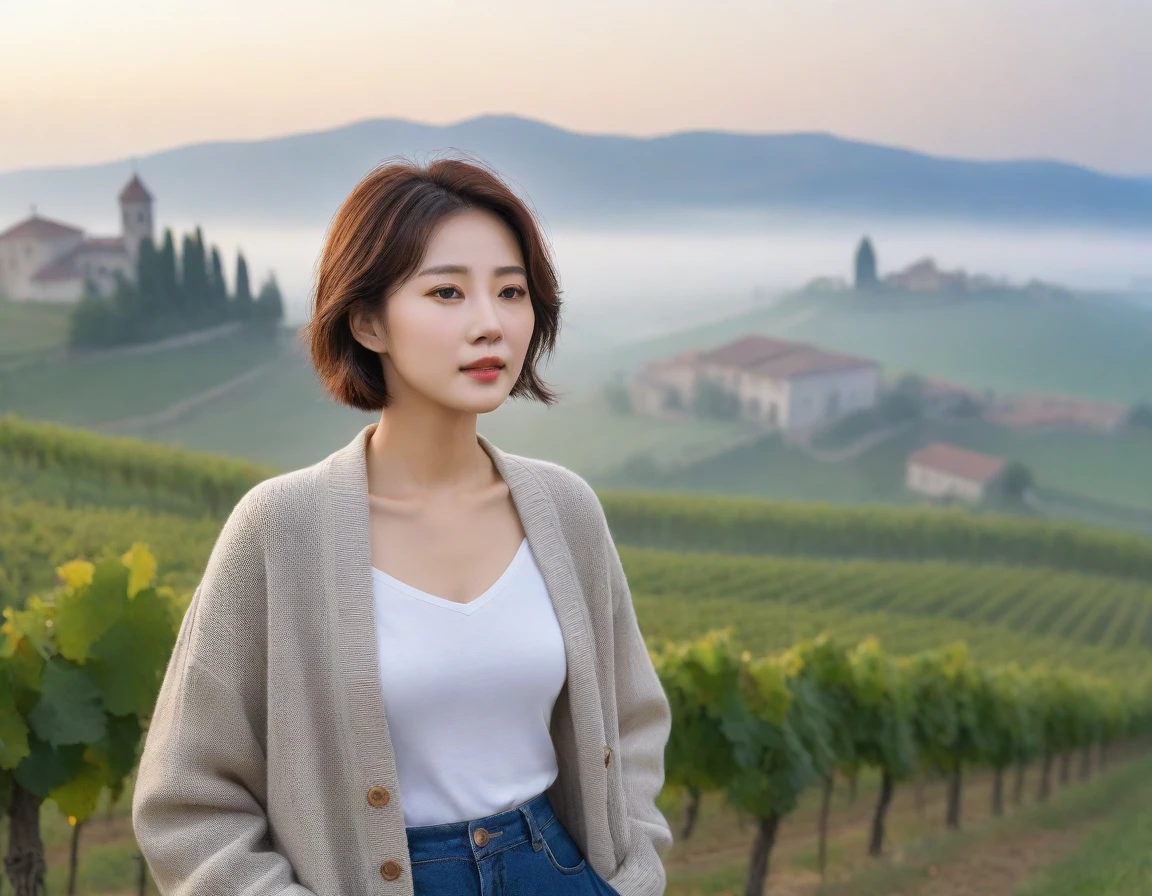 k Best picture quality, Beautiful 36-year-old Korean woman, short and nice weather. Chest size 34 inches, Dense fog at dawn in the Italian countryside, past the vineyard, The cathedral can be seen in the fog on a hill in the distance., The back background is realistic and vivid image quality, Short and medium hair blowing in the wind, Wear comfortable travel clothes, Casual pants and cardigan., a faint smile. the background is clear, Short and slim Korean woman, stand far away, Photo taken with a wide-angle lens