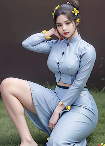 photorealistic, high resolution, masterpiec e best quality ultra-detailed, 1women. (m edium breast), hair bun, jesmine flower o n the head, mature female, solo, hips up, (wearing acmmsayarma outfit, acmmsaya rma blue top with buttons, long sleeves), ((acmmsayarma yellow long skirt)  dress 