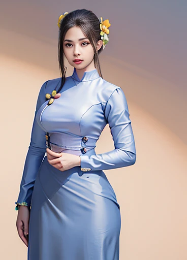 photorealistic, high resolution, masterpiec e best quality ultra-detailed, 1women. (m edium breast), hair bun, jesmine flower o n the head, mature female, solo, hips up, (wearing acmmsayarma outfit, acmmsaya rma blue top with buttons, long sleeves), ((acmmsayarma yellow long skirt)  dress 