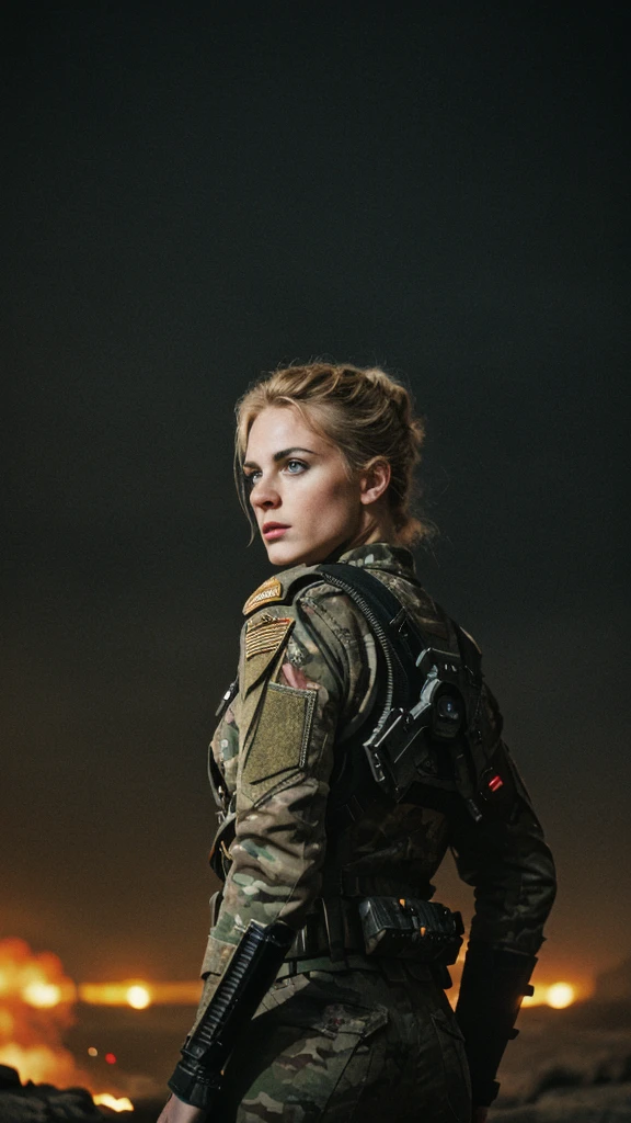 cinematic film still of beautiful 25 year old (4nn4D31v3y woman),as comicbook hero Tank Girl,wearing an (army camoflage uniform:1.1) and helmet,(medium close up shot),standing next to a (armor steampunk tank:1.2),apocalyptic landscape in background,cinematic scene,hero view,(dramatic action pose),8k wallpaper,detailed background,masterpiece,best quality,high quality,absurdres,vivid,shallow depth of field,vignette,highly detailed,high budget Hollywood movie,depth of field,rule of thirds,cinemascope,moody,epic,gorgeous,film grain,