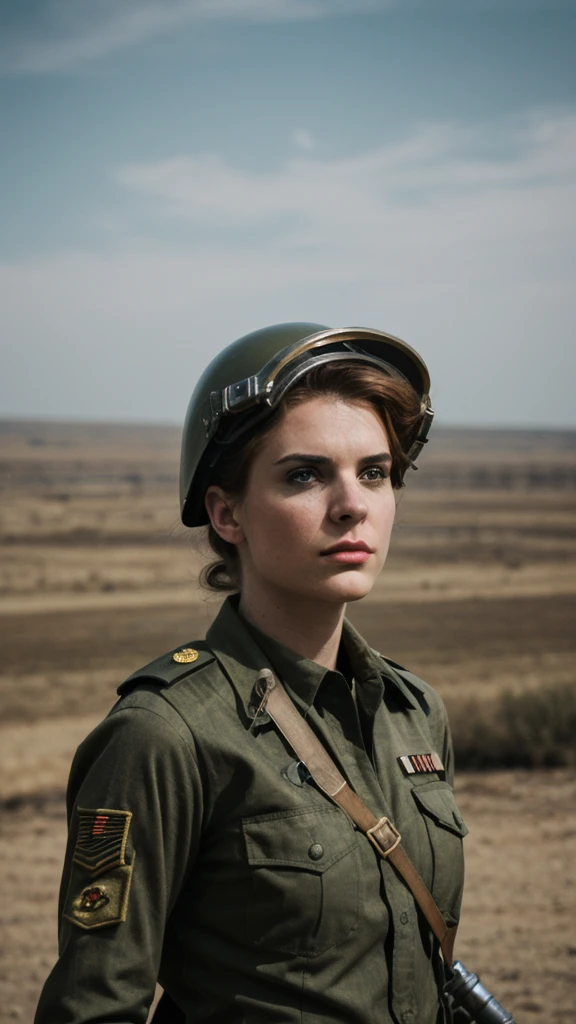 cinematic film still of beautiful 25 year old (4nn4D31v3y woman),as comicbook hero Tank Girl,wearing an (army camoflage uniform:1.1) and helmet,(medium close up shot),standing next to a (armor steampunk tank:1.2),apocalyptic landscape in background,cinematic scene,hero view,(dramatic action pose),8k wallpaper,detailed background,masterpiece,best quality,high quality,absurdres,vivid,shallow depth of field,vignette,highly detailed,high budget Hollywood movie,depth of field,rule of thirds,cinemascope,moody,epic,gorgeous,film grain,