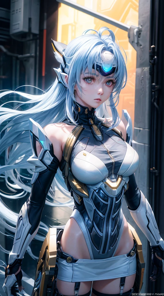 top-quality、​masterpiece、超A high resolution、(Photorealsitic:1.4)、***1人、Light blue hair、Straight hair, shiny and clean hair、White shiny skin、Sexy Cyberpunk Girl、((super realistic details))、Shadow、octan render、ultrasharp、hyperdetailed face、Fiberglass、Luminous tube、highly intricate detail、Realistic light、CGSoation Trends、((Golden Eyes))、(Facing the camera)、neon detailechanical limbechanical vertebrae attached to the back、mechanical cervical attaching to neck、Wires and cables connecting to the head、((valkyrie))、((Beam Cannon))、Combat stance