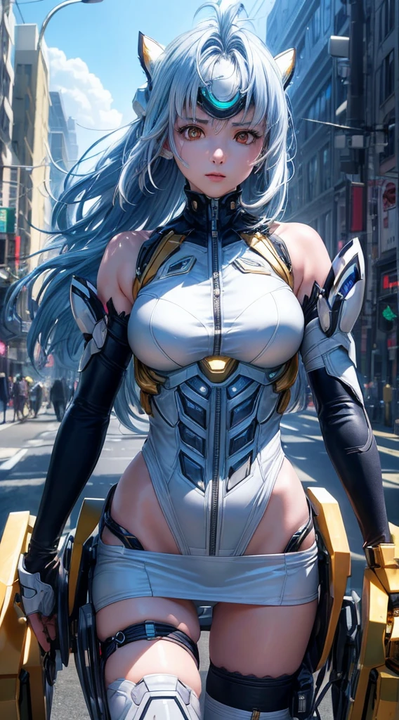 top-quality、masterpiece、超A high resolution、(Photorealsitic:1.4)、1人、Light blue hair、Straight hair, shiny and clean hair、White shiny skin、Sexy Cyberpunk Girl、((super realistic details))、Shadow、octan render、ultrasharp、hyperdetailed face、Fiberglass、Luminous tube、highly intricate detail、Realistic light、CGSoation Trends、((Golden Eyes))、(Facing the camera)、neon detailechanical limbechanical vertebrae attached to the back、mechanical cervical attaching to neck、Wires and cables connecting to the head、((valkyrie))、((Beam Cannon))、Combat stance