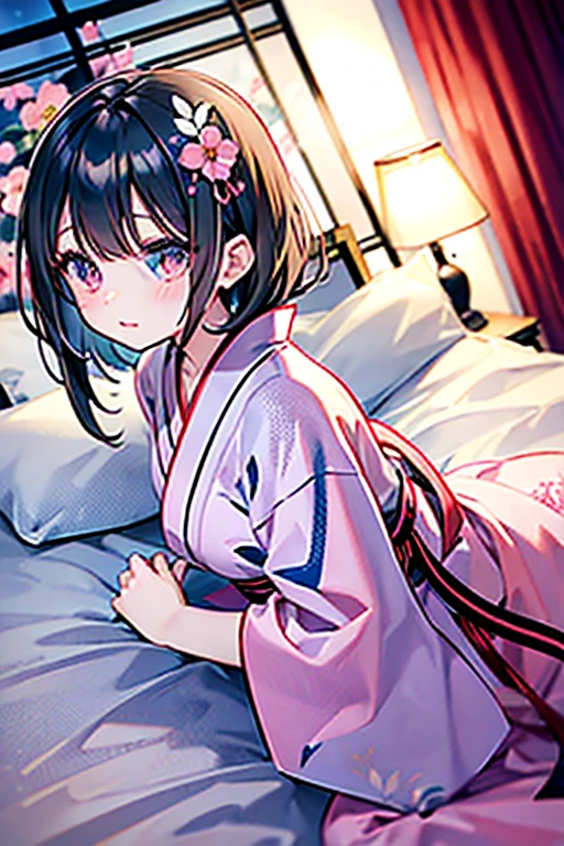 浴衣を着た大人のmalefemaleのカップル,美しい場所で愛し合う会うmalefemaleの二人,Black Hair_male,Black yukata_male,Straight Hair_male,Dark Chestnut Hair_female,Pale pink yukata_female,Floral Yukata_female,Flower Hair Ornaments_female,night,Lovers melt in bed,彼は彼femaleを抱きしめる