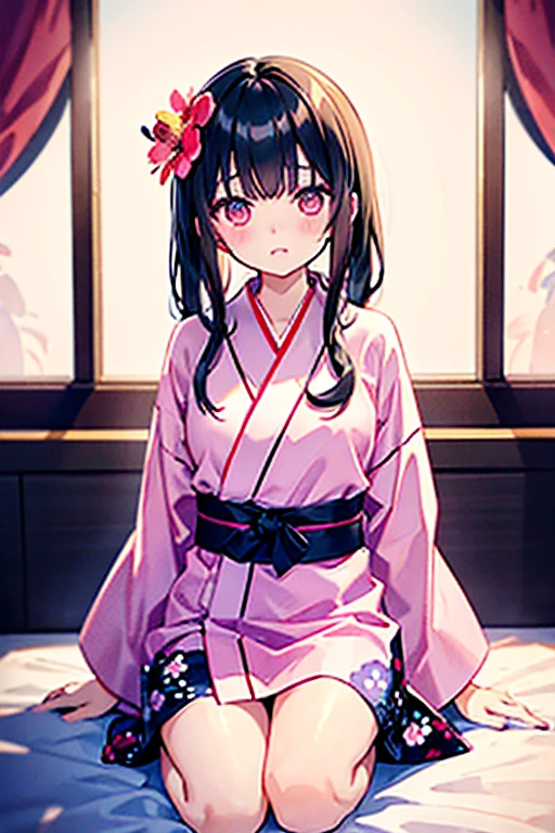 浴衣を着た大人のmalefemaleのカップル,美しい場所で愛し合う会うmalefemaleの二人,Black Hair_male,Black yukata_male,Straight Hair_male,Dark Chestnut Hair_female,Pale pink yukata_female,Floral Yukata_female,Flower Hair Ornaments_female,night,Lovers melt in bed,彼は彼femaleを抱きしめる
