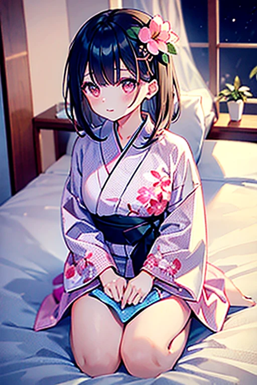 浴衣を着た大人のmalefemaleのカップル,美しい場所で愛し合う会うmalefemaleの二人,Black Hair_male,Black yukata_male,Straight Hair_male,Dark Chestnut Hair_female,Pale pink yukata_female,Floral Yukata_female,Flower Hair Ornaments_female,night,Lovers melt in bed,彼は彼femaleを抱きしめる