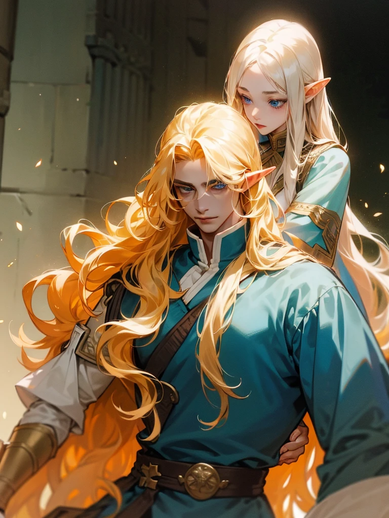 A male elf, noble, he has long wavy golden hair, blue eyes, and fair skin, Harassed by a soldier